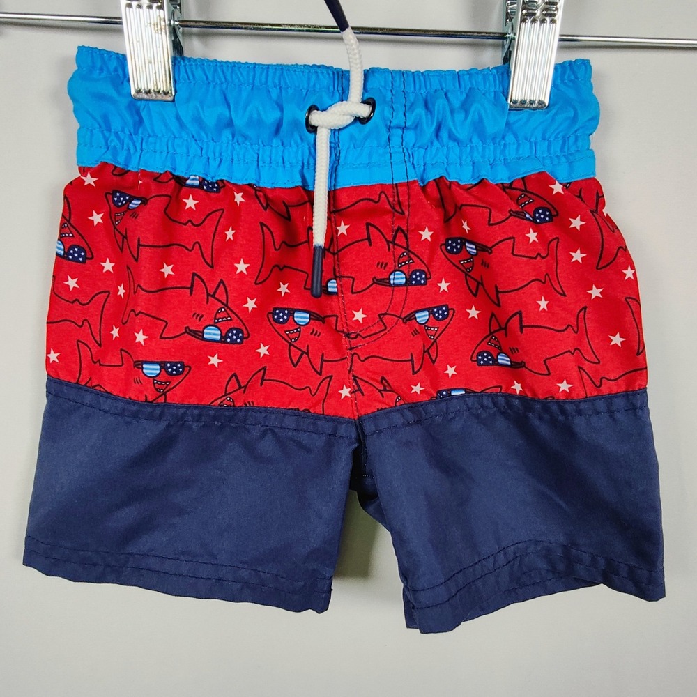 Cat & Jack Boys Shark‎ Swim Trunks Red White Blue Mesh Lining 12M - Picture 2 of 5